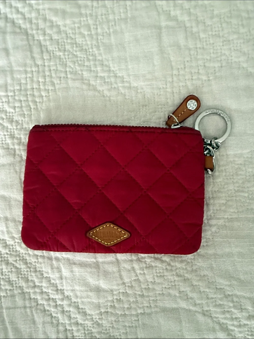 Mz Wallace Flat Metro Key Pouch Quilted Zip Card Case in Red Silver Accents